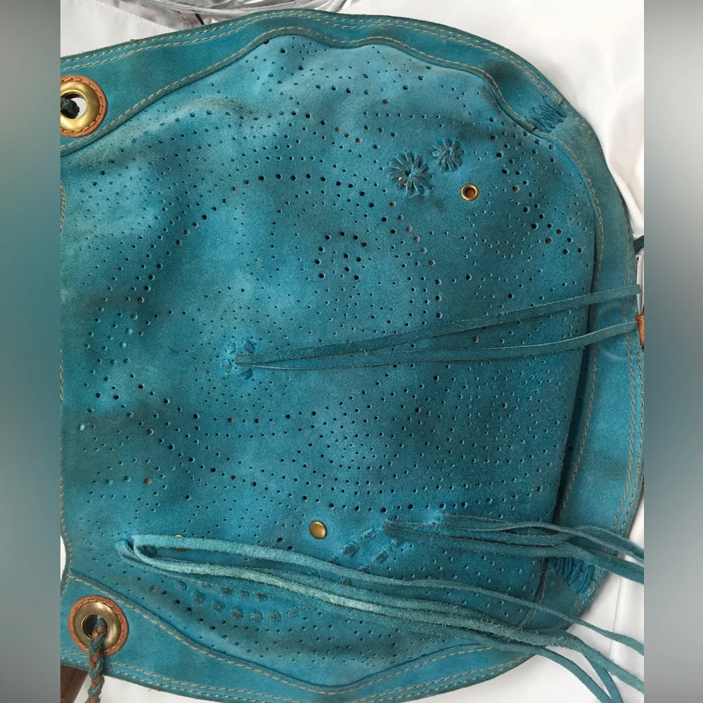 Lucky Brand Laser Cut Perforated Suede Tassel Hippie Hobo Shoulder Handbag - Picture 2 of 8